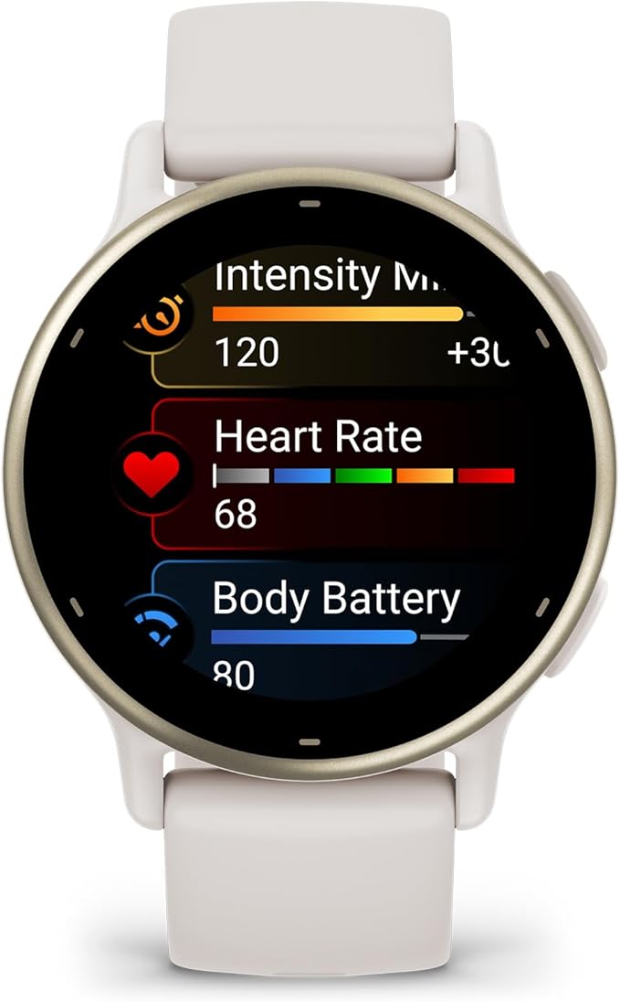 Ecrã do vívoactive 5 com minutos de intensidade, frequência cardíaca e Body Battery