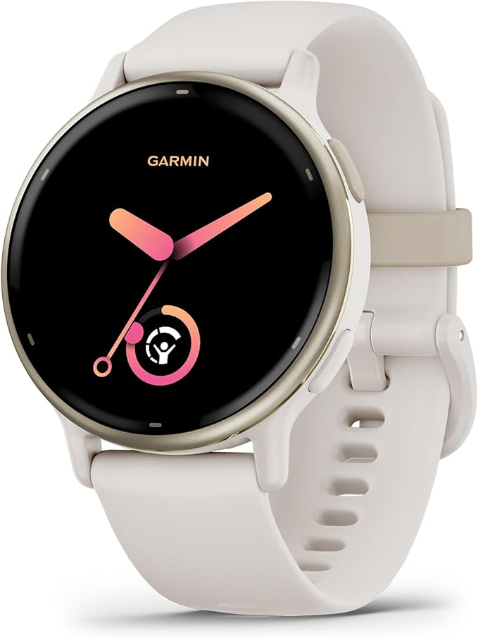 Garmin vívoactive 5 de perfil, caixa dourada e bracelete em marfim